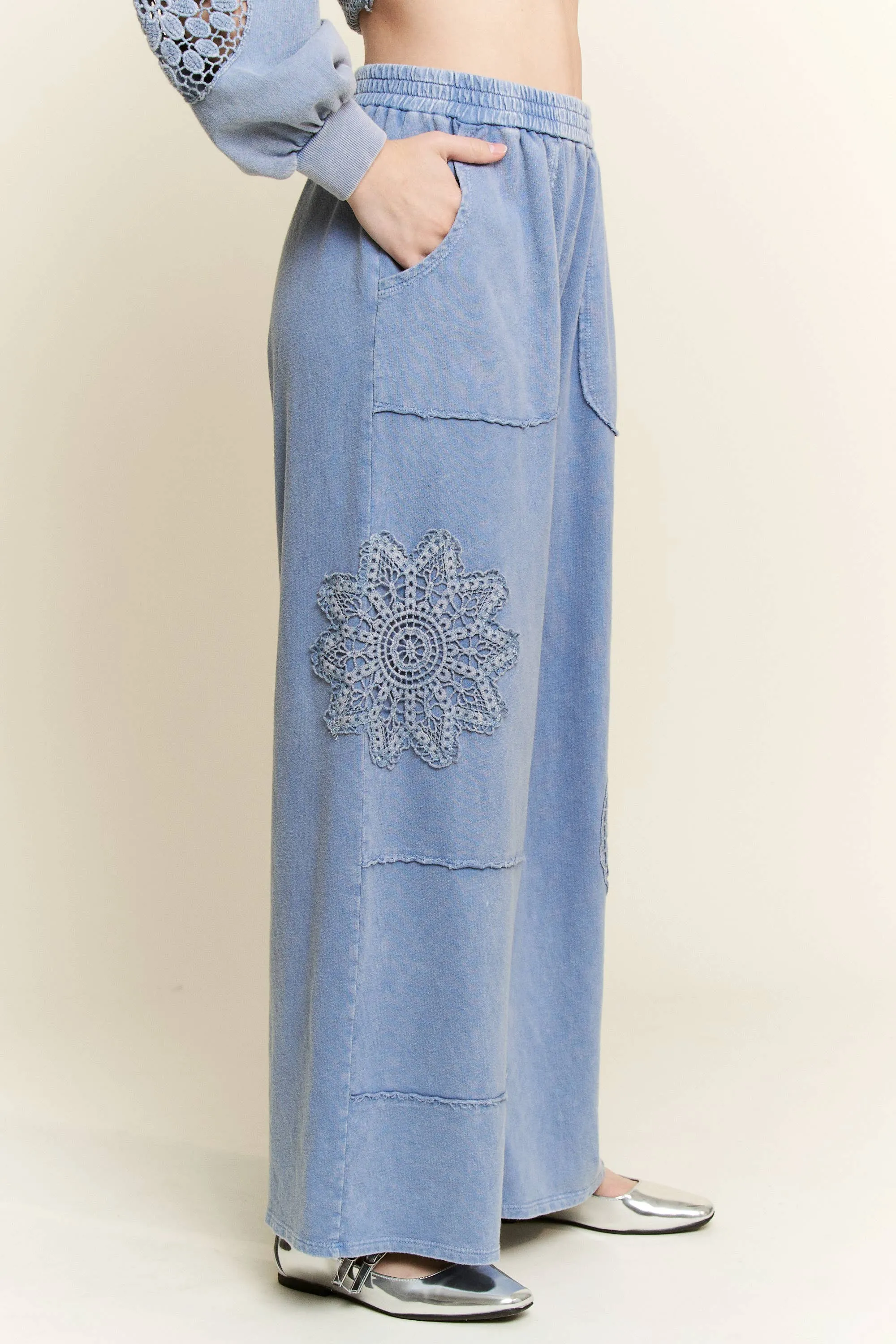 Denim Blue Mineral Washed Lace Cut Wide leg straight pants