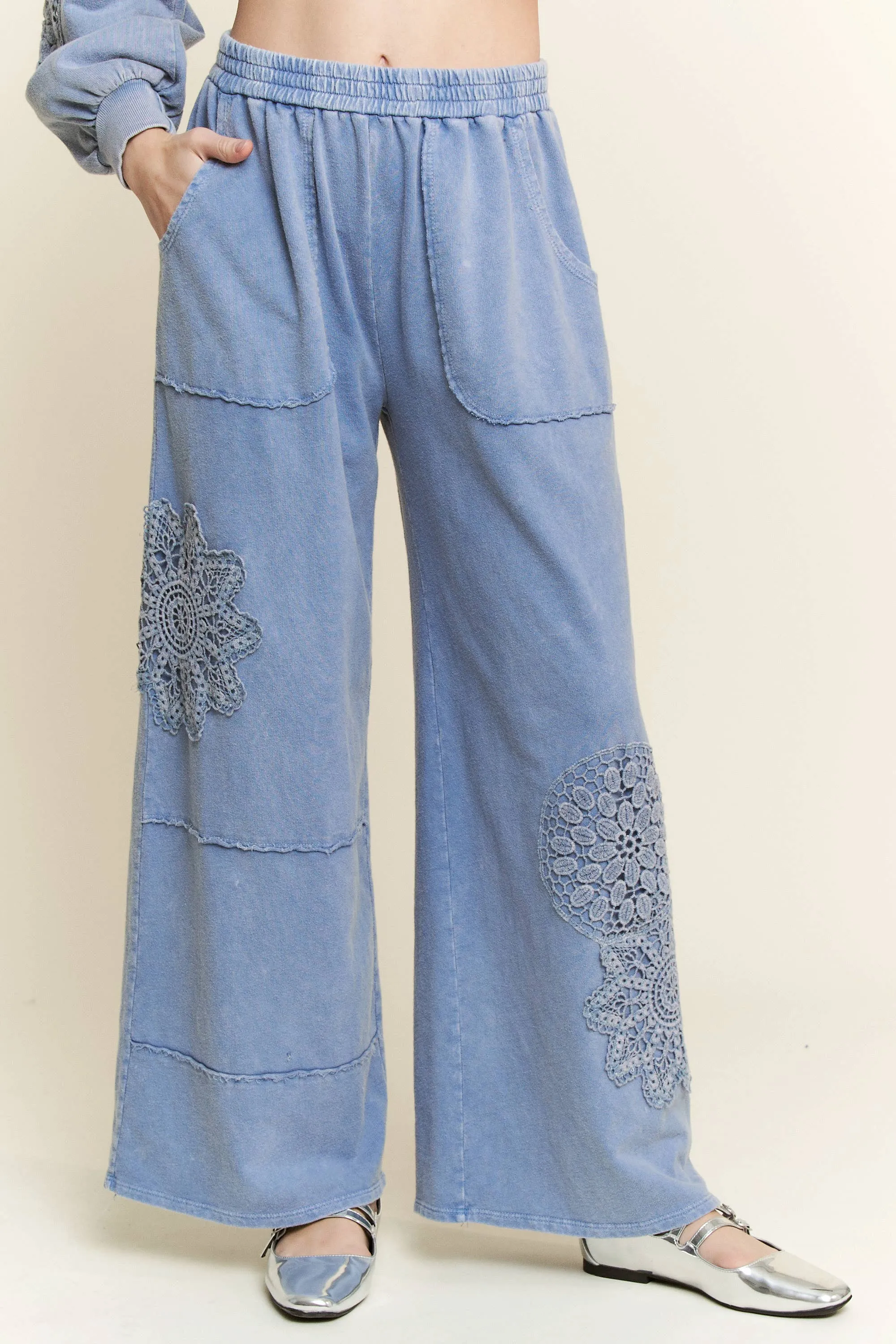Denim Blue Mineral Washed Lace Cut Wide leg straight pants
