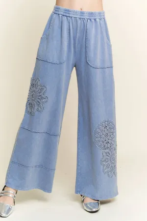 Denim Blue Mineral Washed Lace Cut Wide leg straight pants
