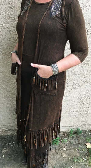 Distressed Brown Feather Long Vest