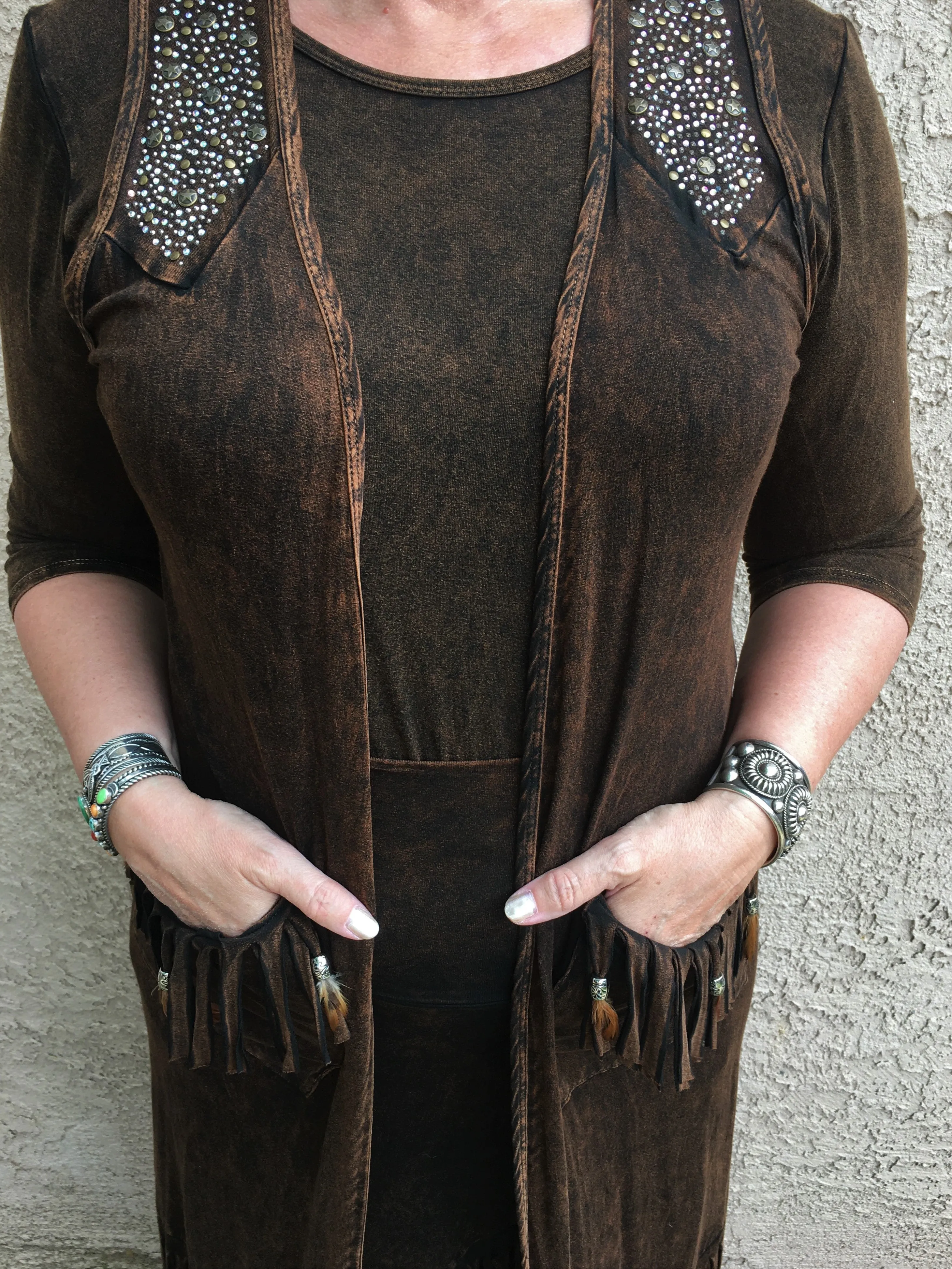 Distressed Brown Feather Long Vest