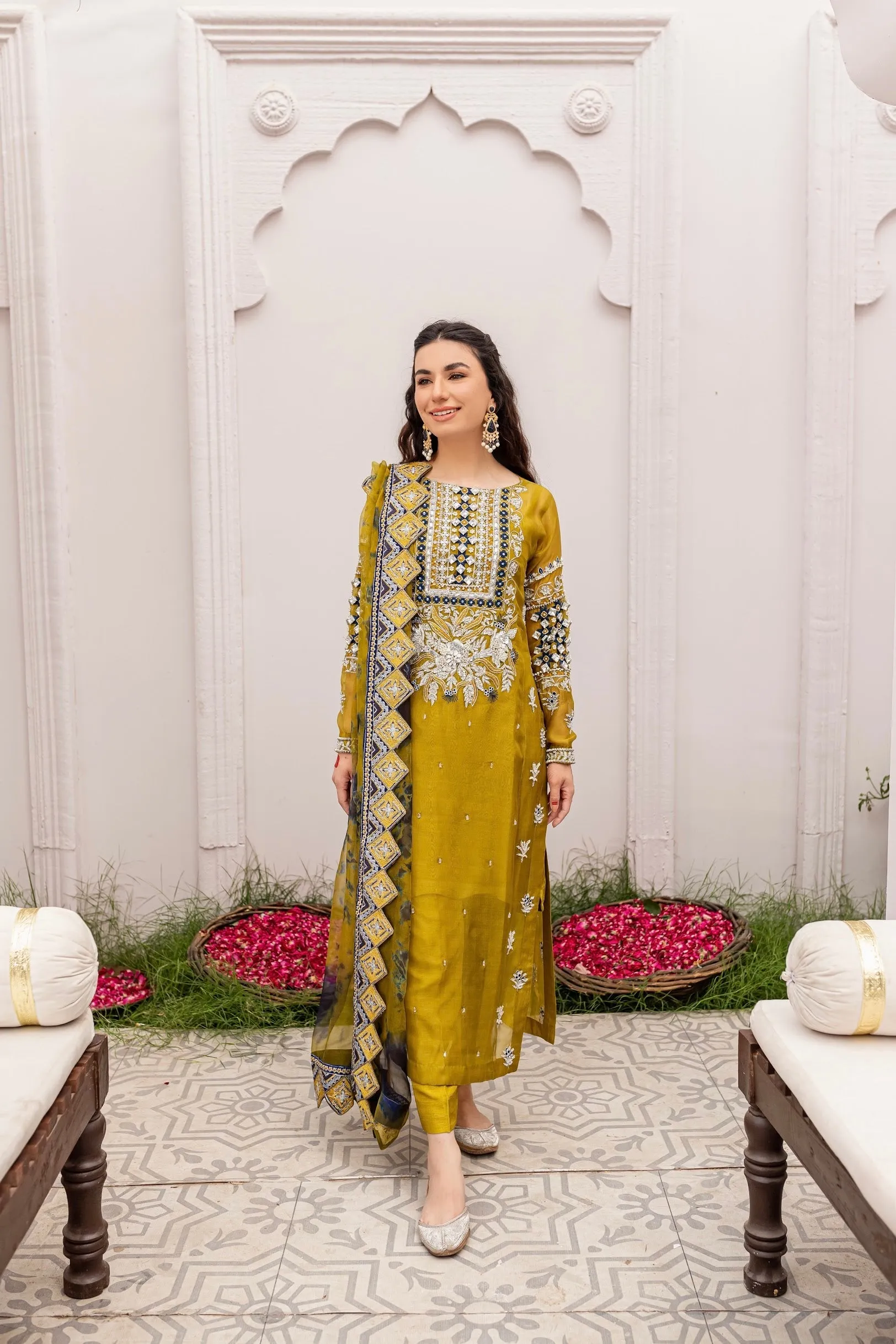 Embellished Pakistani Kameez Pants with Dupatta Dress