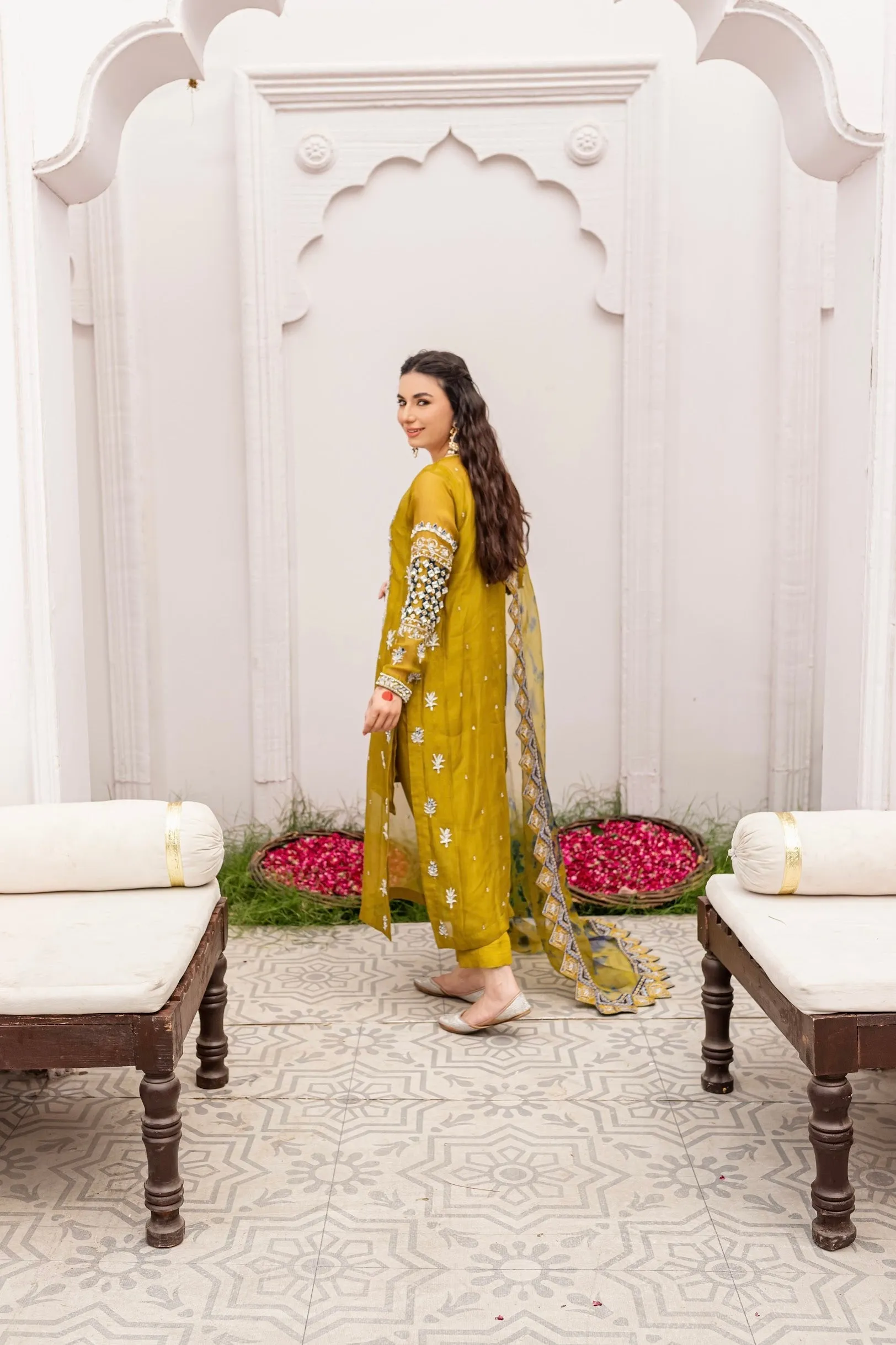Embellished Pakistani Kameez Pants with Dupatta Dress