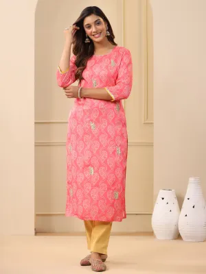 Embroidered Art Silk Peach Printed Straight Kurta With Cream Pants