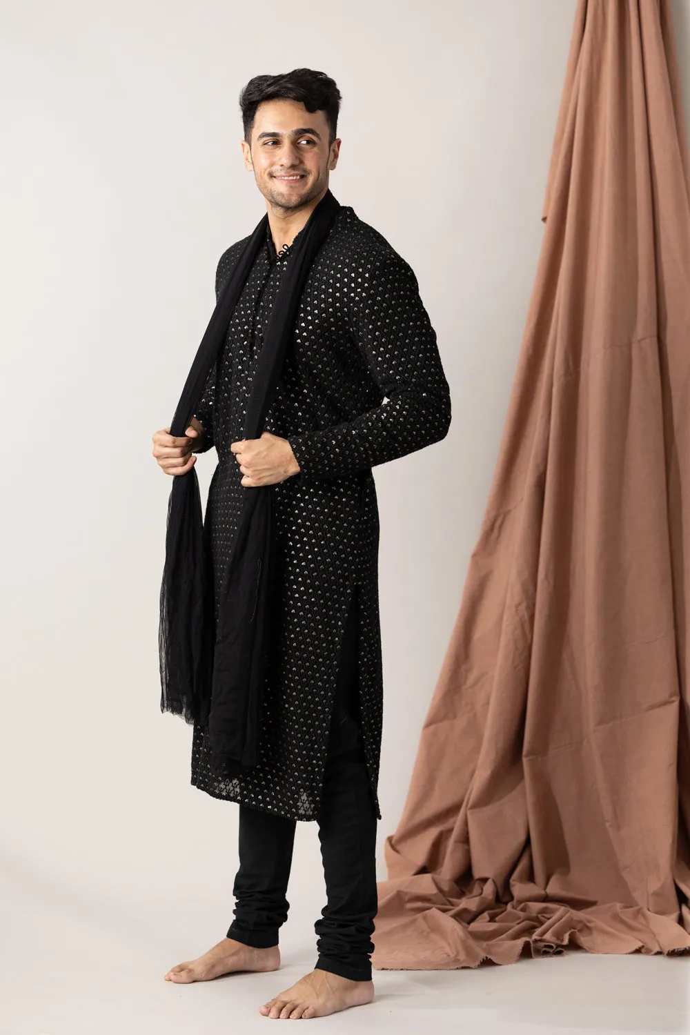 Embroidered Black Georgette Kurta With Pants
