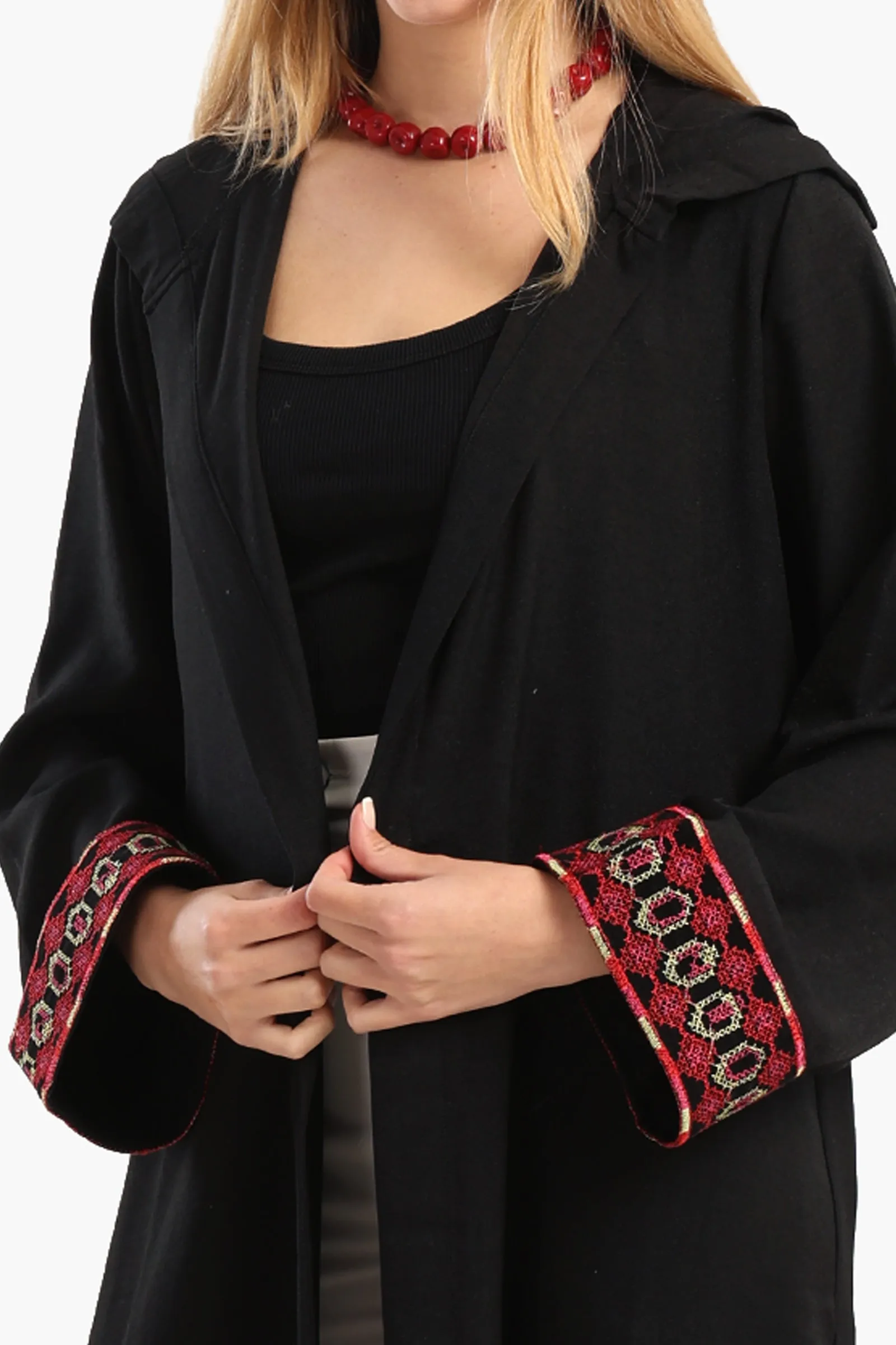 Embroidered Cuffs Black Kimono