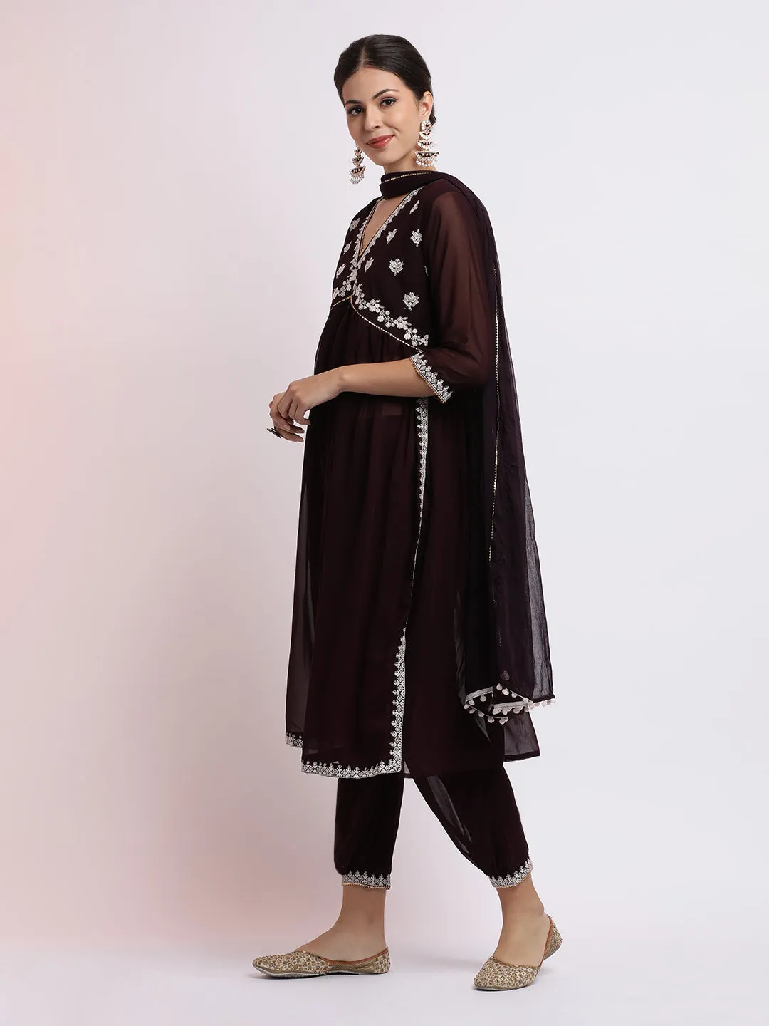 Embroidered Georgette Kurta Set With Dupatta