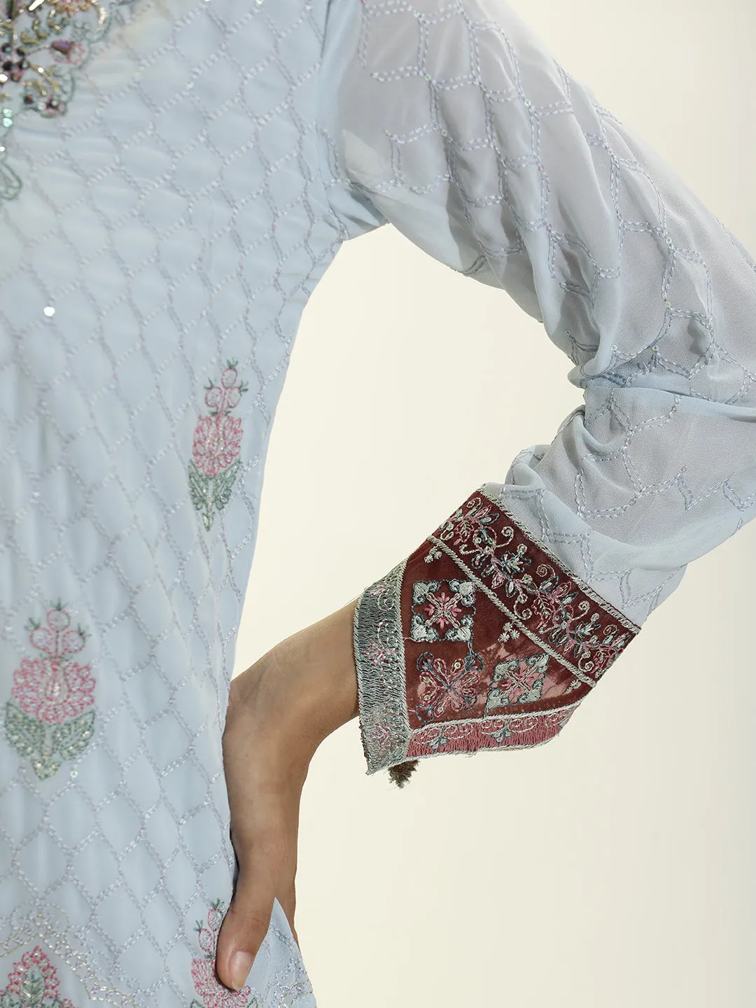 Festive Embroidered Georgette Party Wear Kurta Set With Dupatta