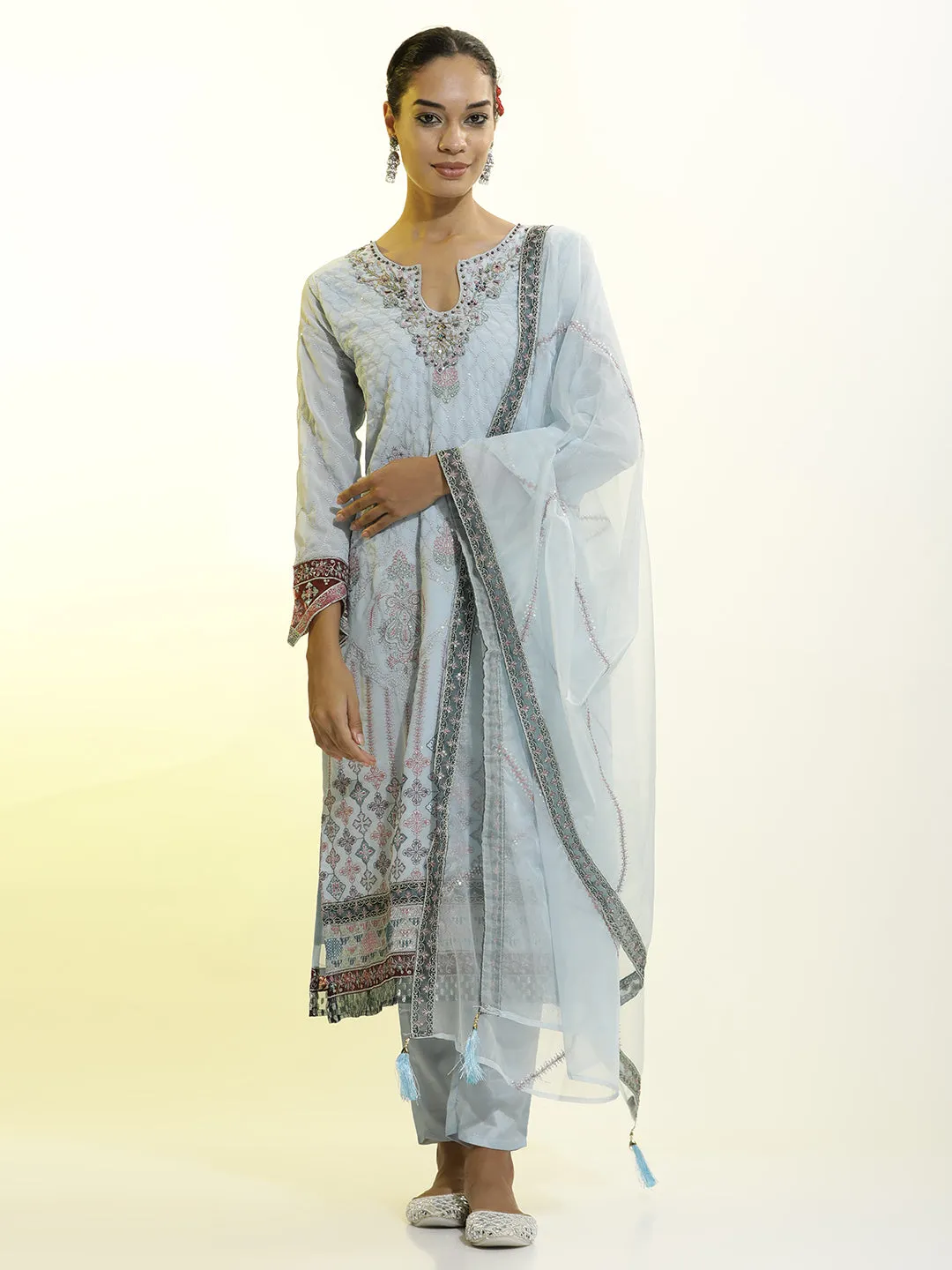 Festive Embroidered Georgette Party Wear Kurta Set With Dupatta