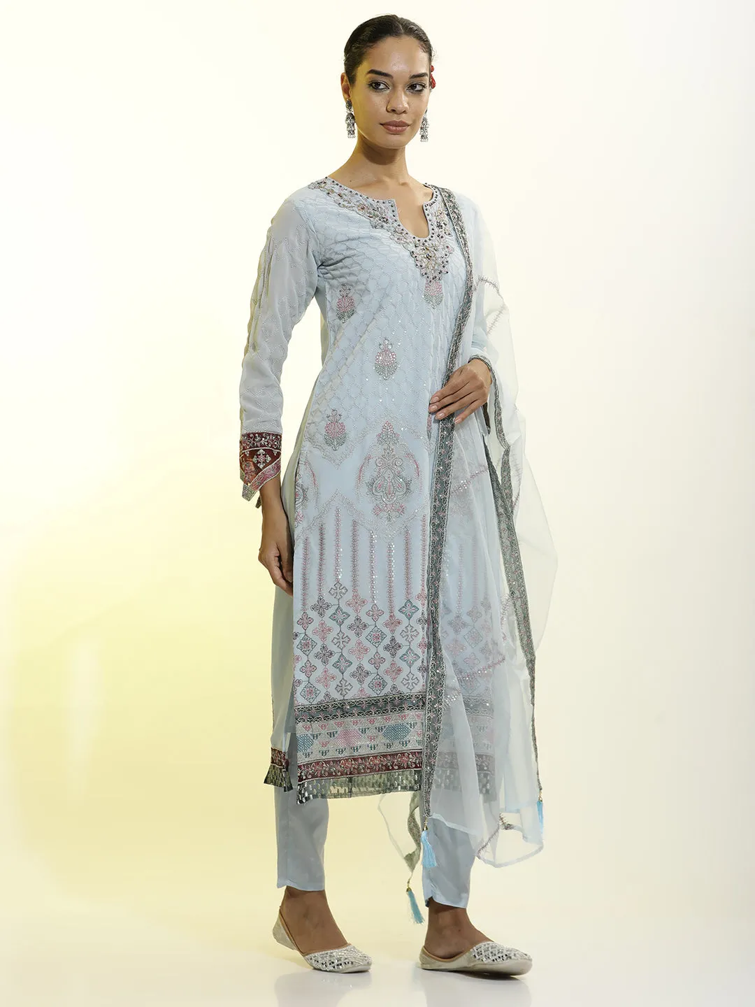 Festive Embroidered Georgette Party Wear Kurta Set With Dupatta