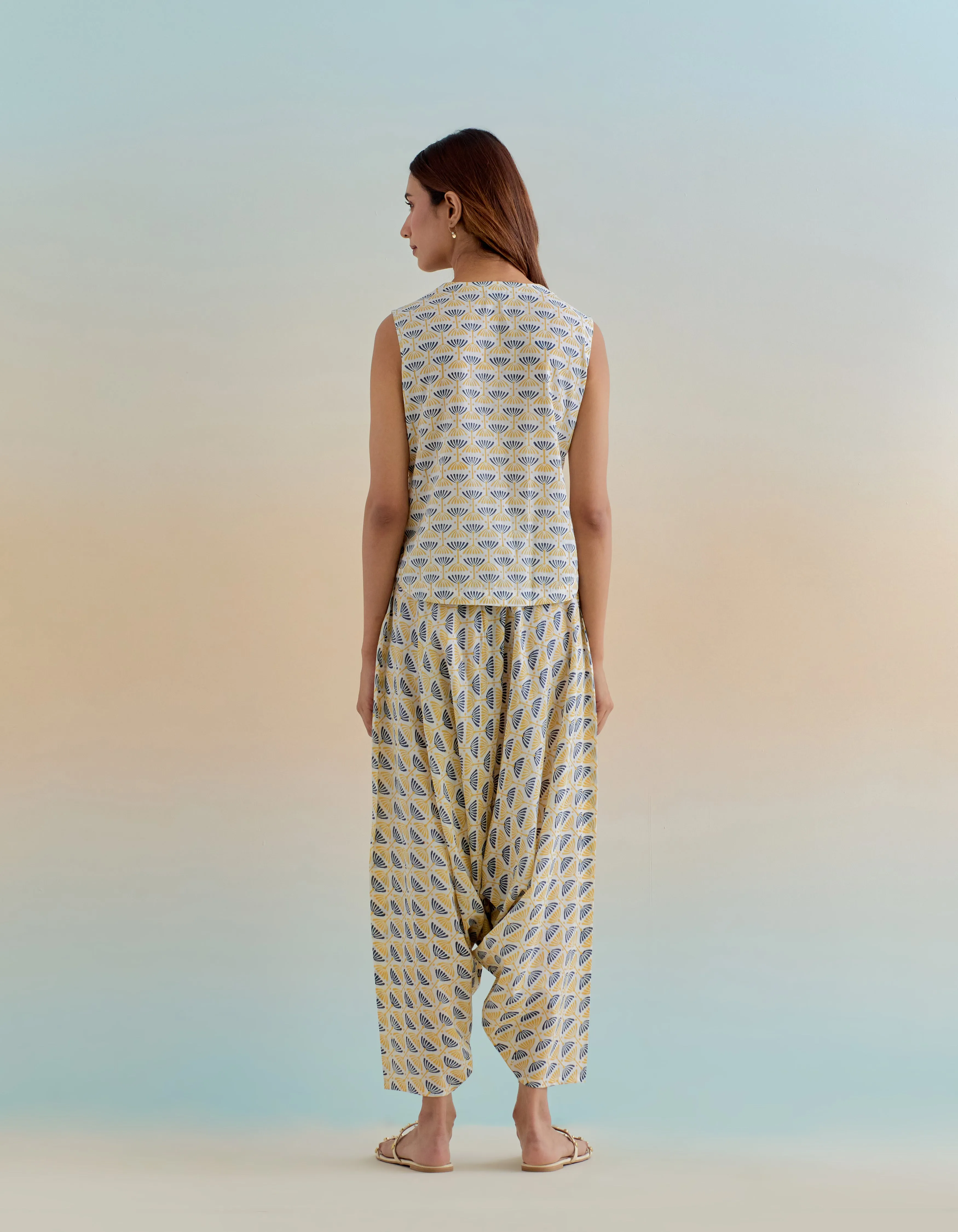 Floral Block Printed Coord Set- Top & Haram Pants in Cotton (Set of 2)