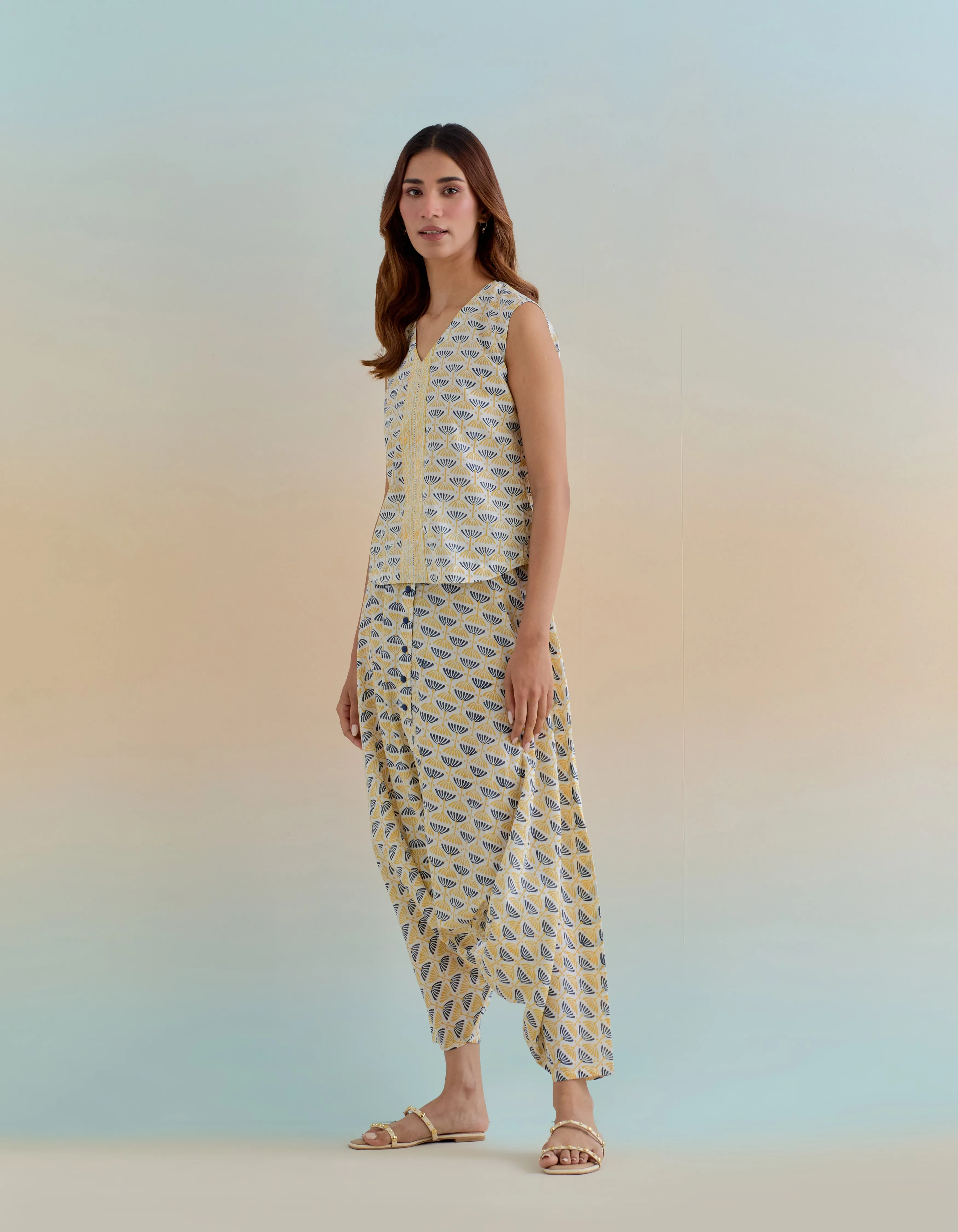 Floral Block Printed Coord Set- Top & Haram Pants in Cotton (Set of 2)