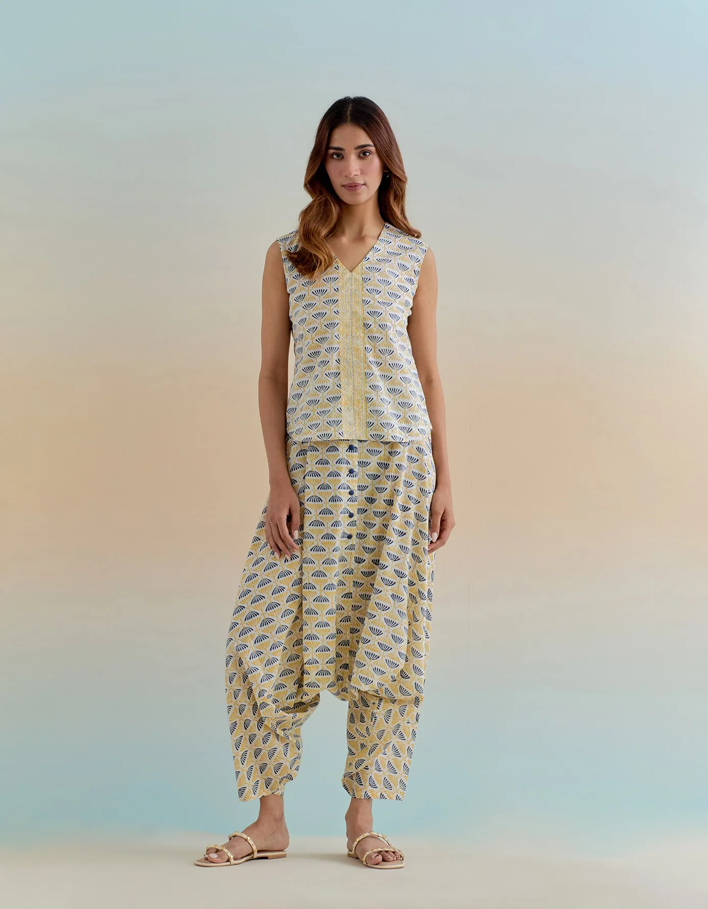 Floral Block Printed Coord Set- Top & Haram Pants in Cotton (Set of 2)