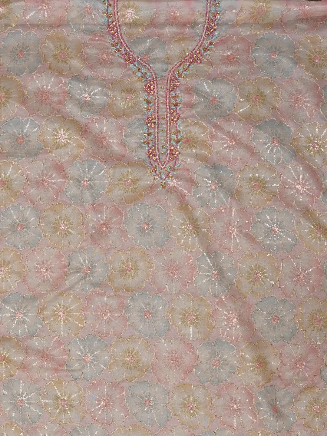 Floral Sequin Pink Embroidered Organza Dress Material with Dupatta