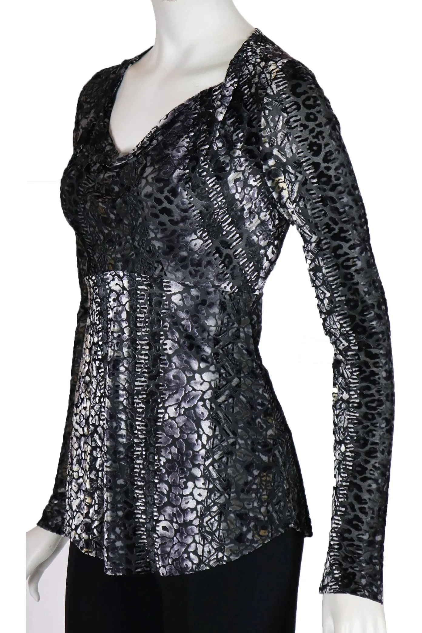 GINA Long Sleeves Cowel Neck Burnout Velvet Empire Tunic Top