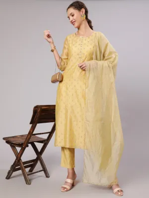 Gold Print Embellished Chanderi Kurta With Trousers And Kota Tissue Dupatta