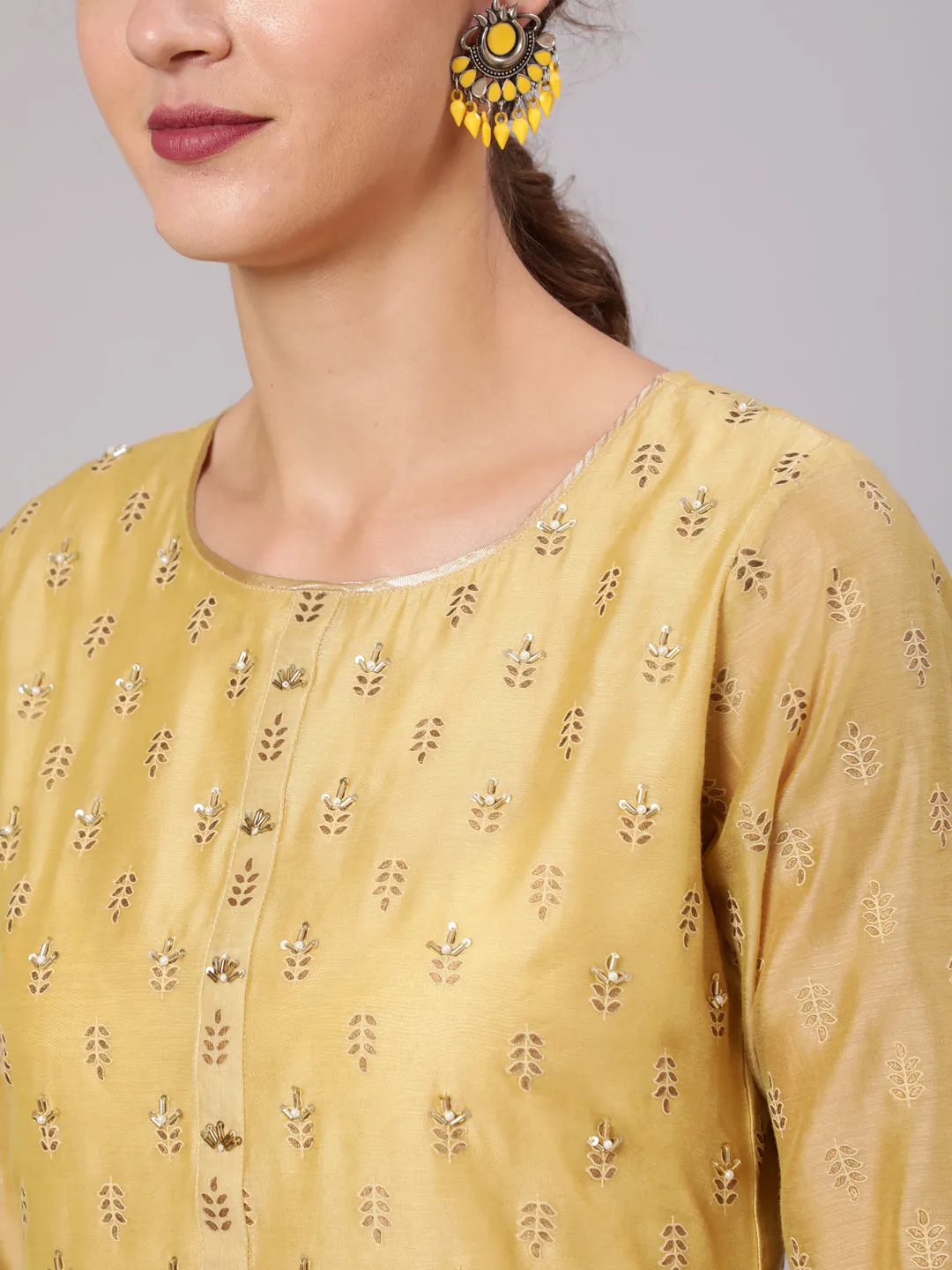 Gold Print Embellished Chanderi Kurta With Trousers And Kota Tissue Dupatta