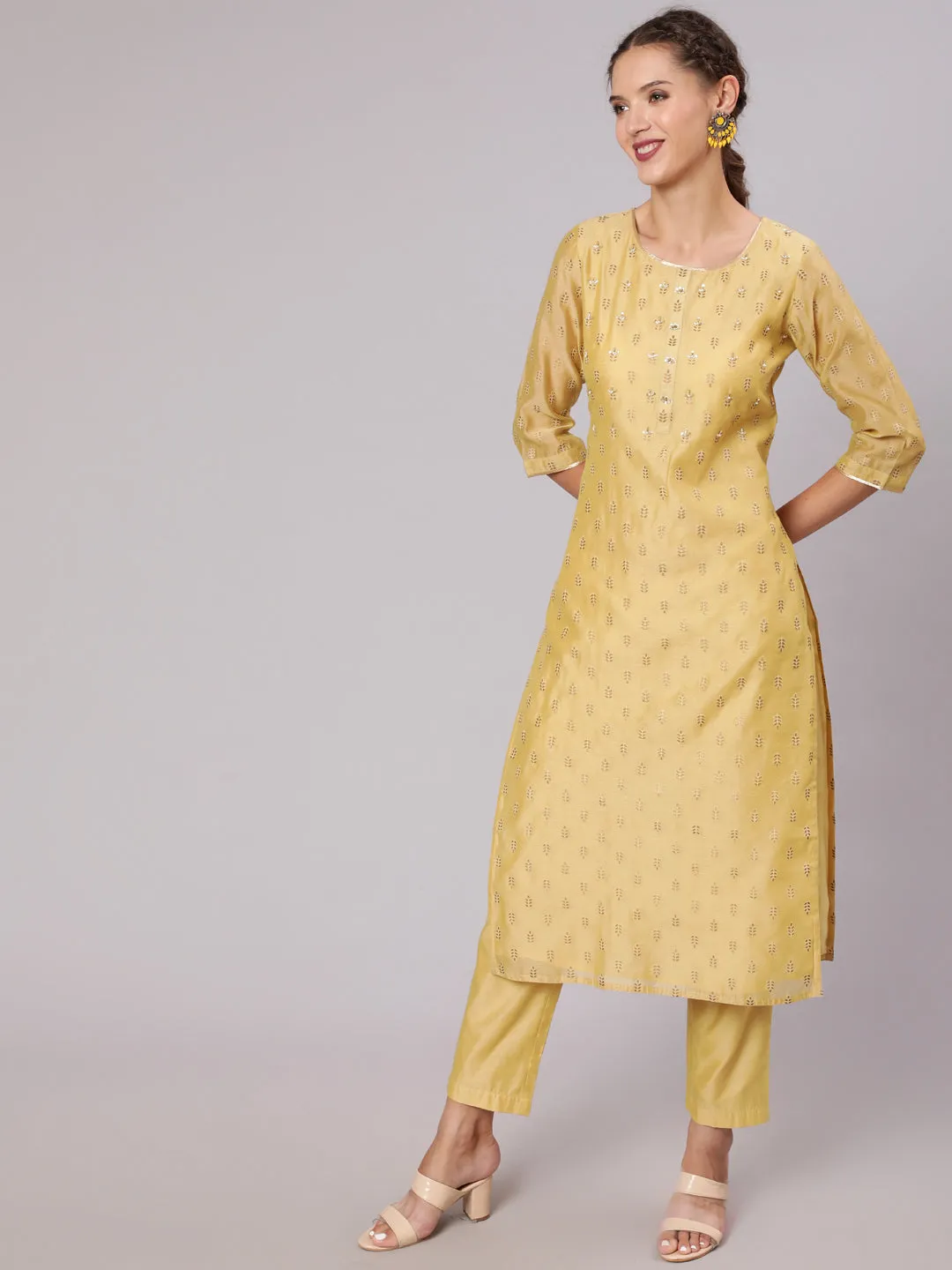 Gold Print Embellished Chanderi Kurta With Trousers And Kota Tissue Dupatta
