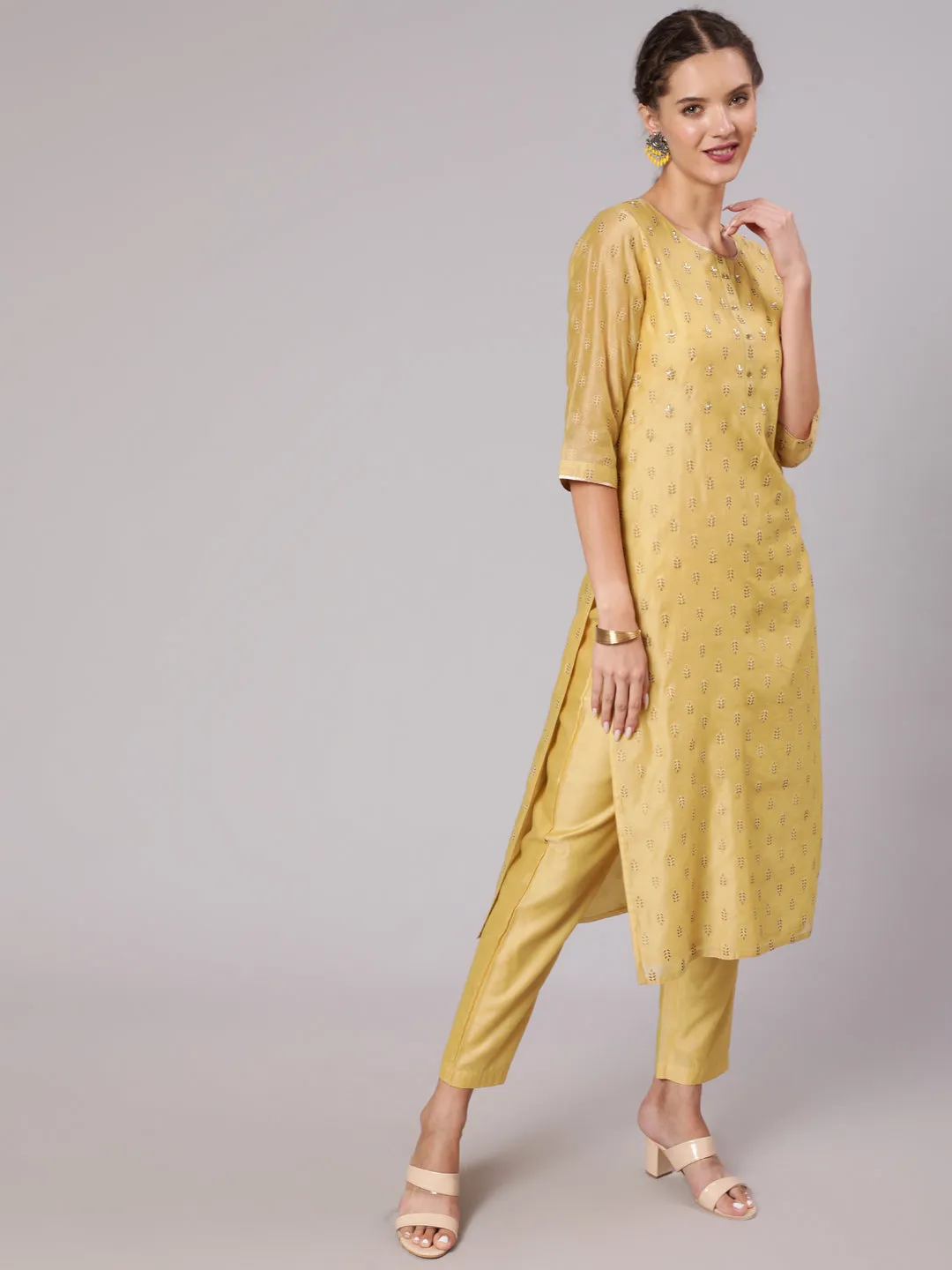 Gold Print Embellished Chanderi Kurta With Trousers And Kota Tissue Dupatta