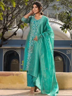 Green Chanderi Straight Embroidered Kurta With Pants & Dupatta Set