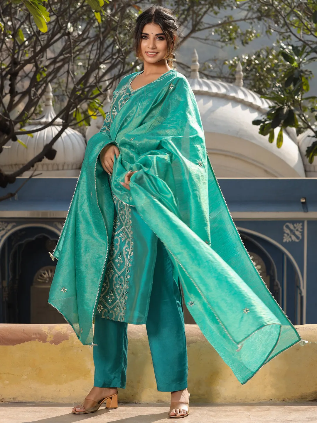 Green Chanderi Straight Embroidered Kurta With Pants & Dupatta Set