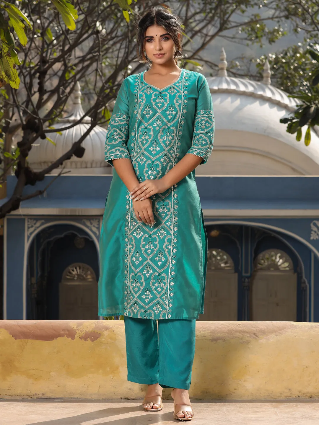 Green Chanderi Straight Embroidered Kurta With Pants & Dupatta Set