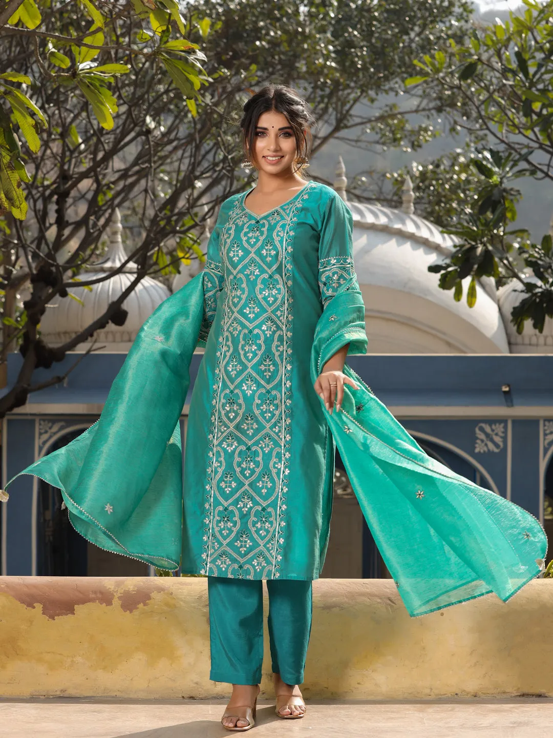 Green Chanderi Straight Embroidered Kurta With Pants & Dupatta Set