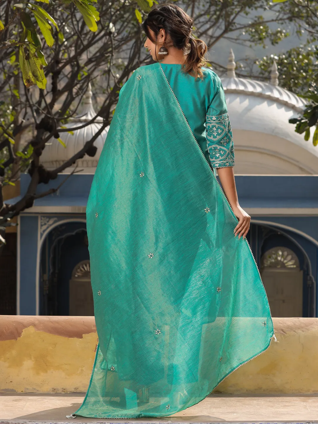 Green Chanderi Straight Embroidered Kurta With Pants & Dupatta Set