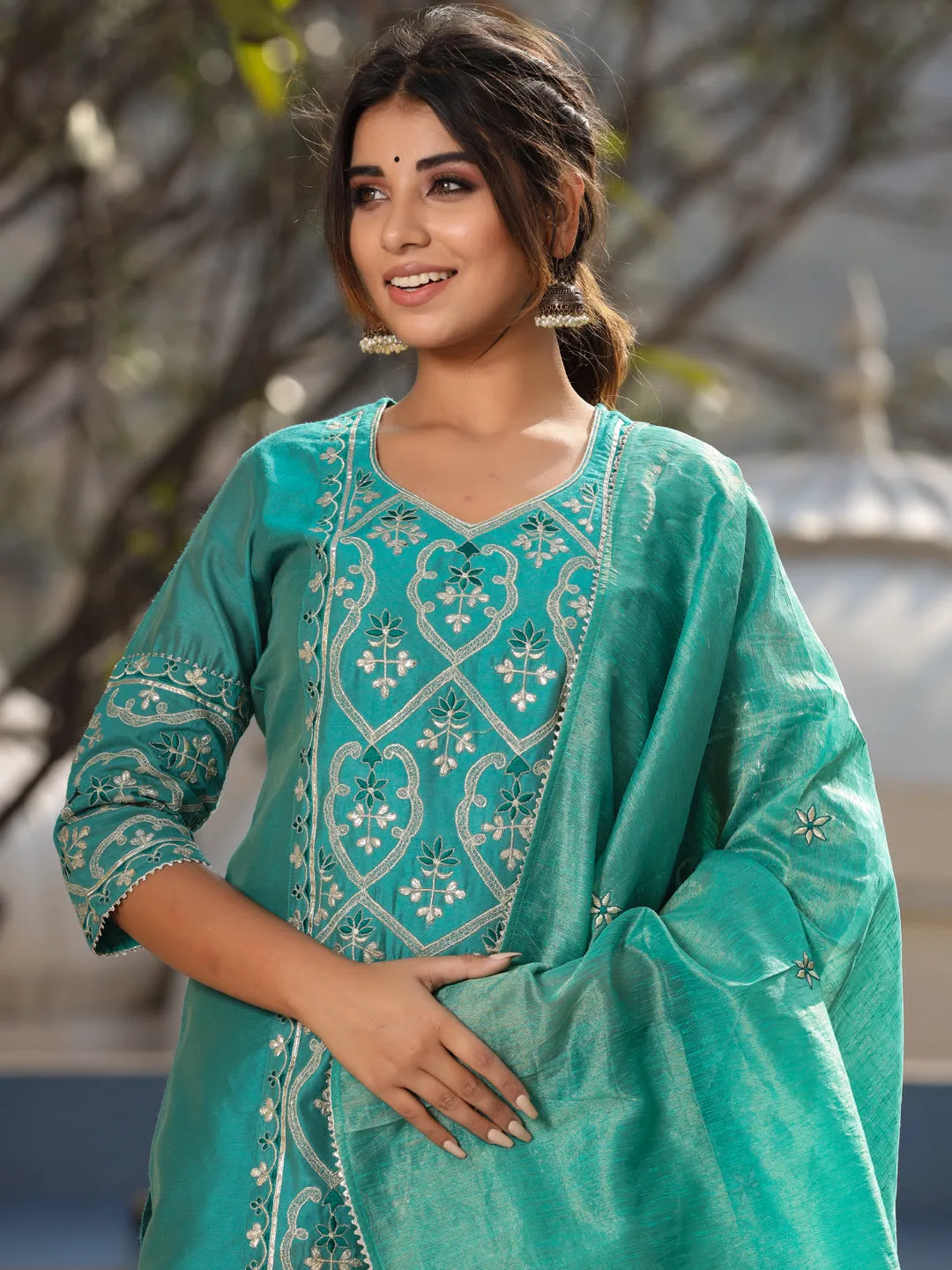 Green Chanderi Straight Embroidered Kurta With Pants & Dupatta Set