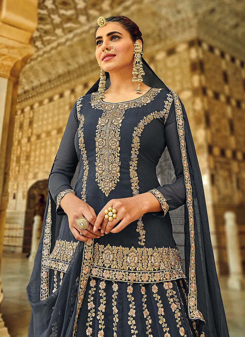 Grey Golden Zari Detailed Wedding Lehenga Kurti
