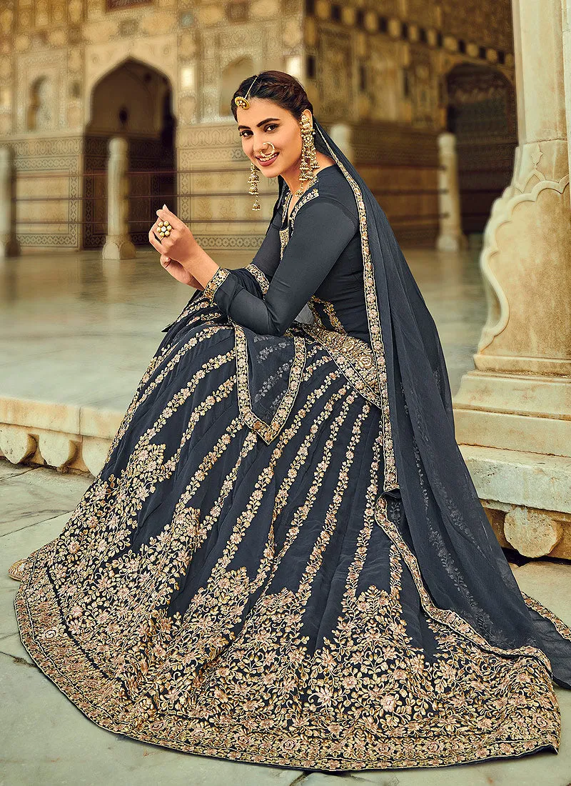 Grey Golden Zari Detailed Wedding Lehenga Kurti