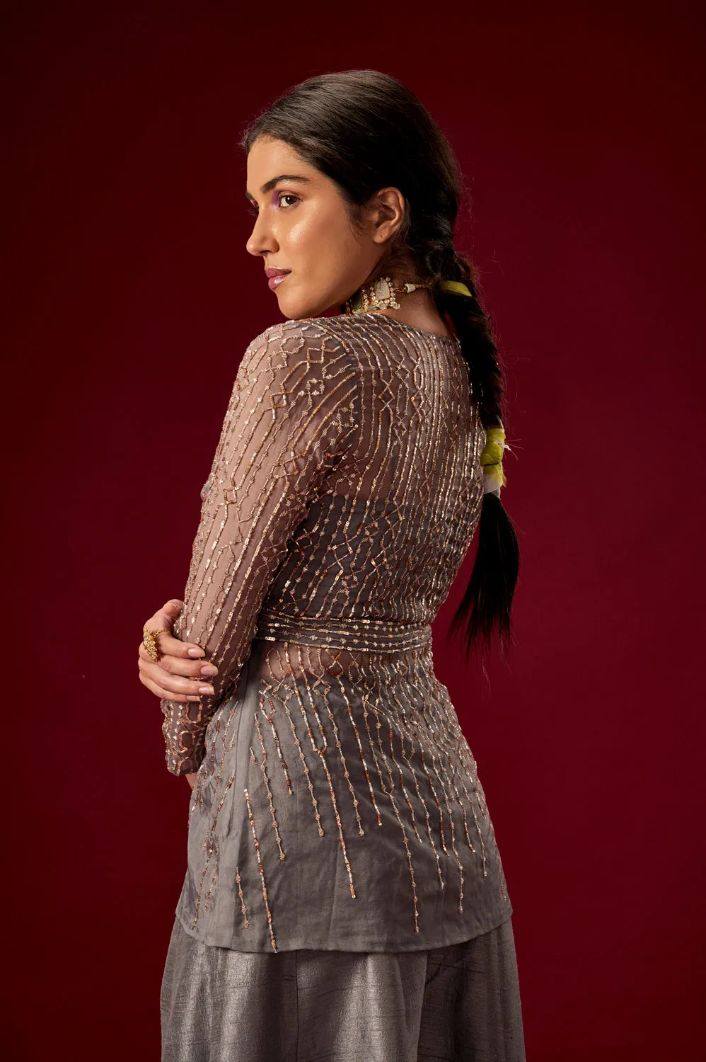 Grey Palazo With Organza Embellished Top