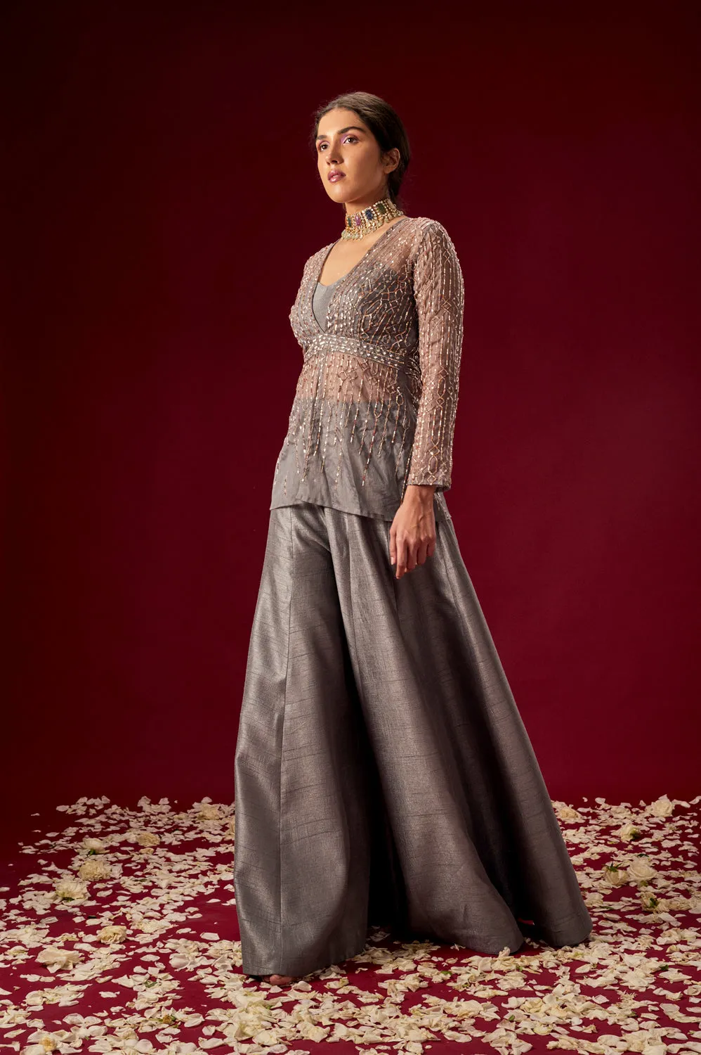 Grey Palazo With Organza Embellished Top
