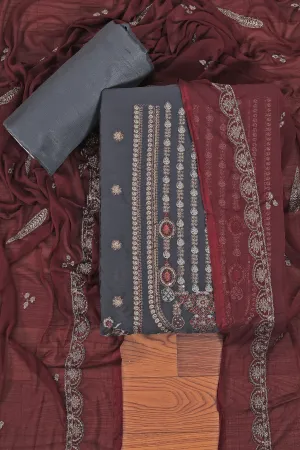 Grey Sequin Embroidered Poly Georgette Dress Material with Dupatta