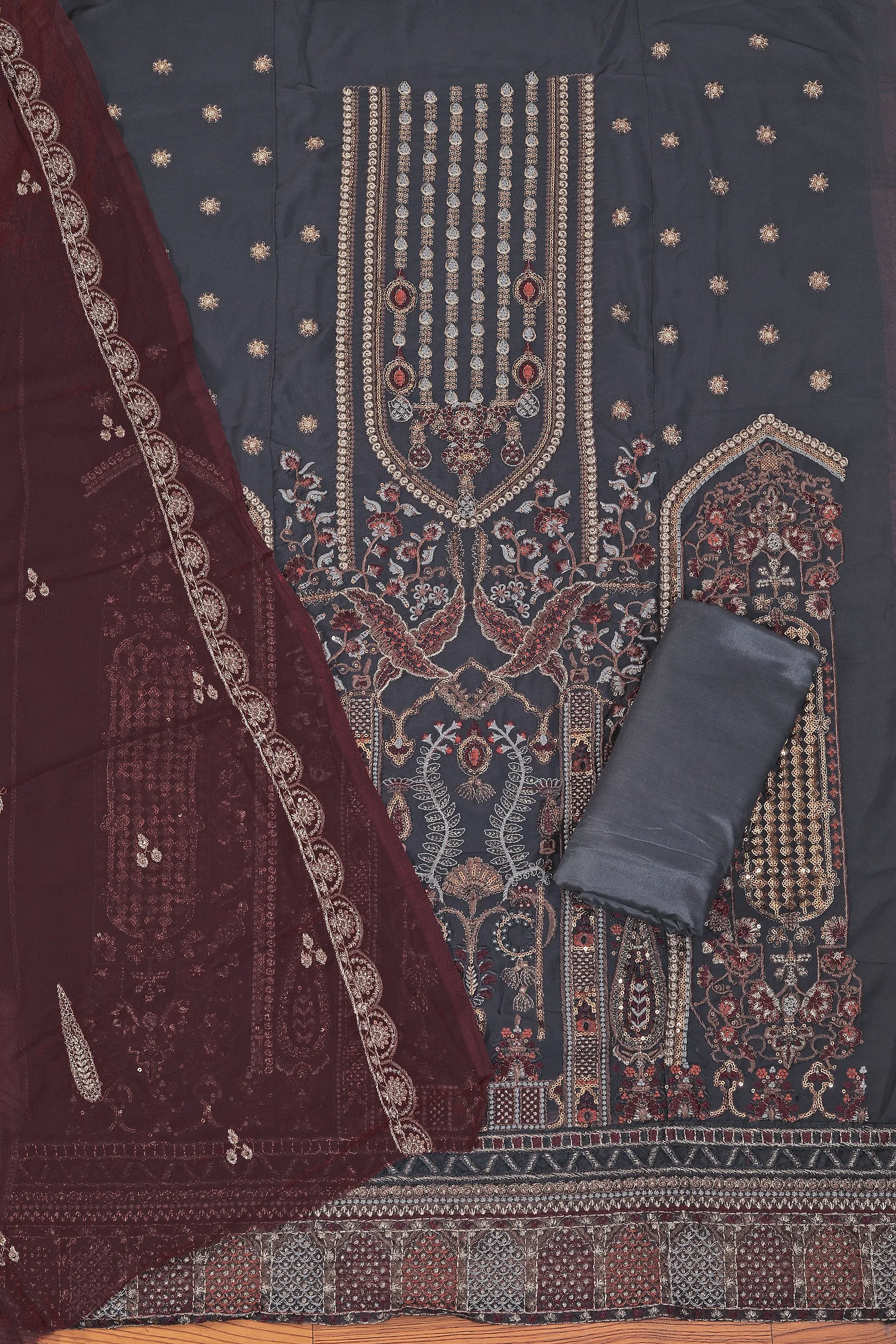 Grey Sequin Embroidered Poly Georgette Dress Material with Dupatta