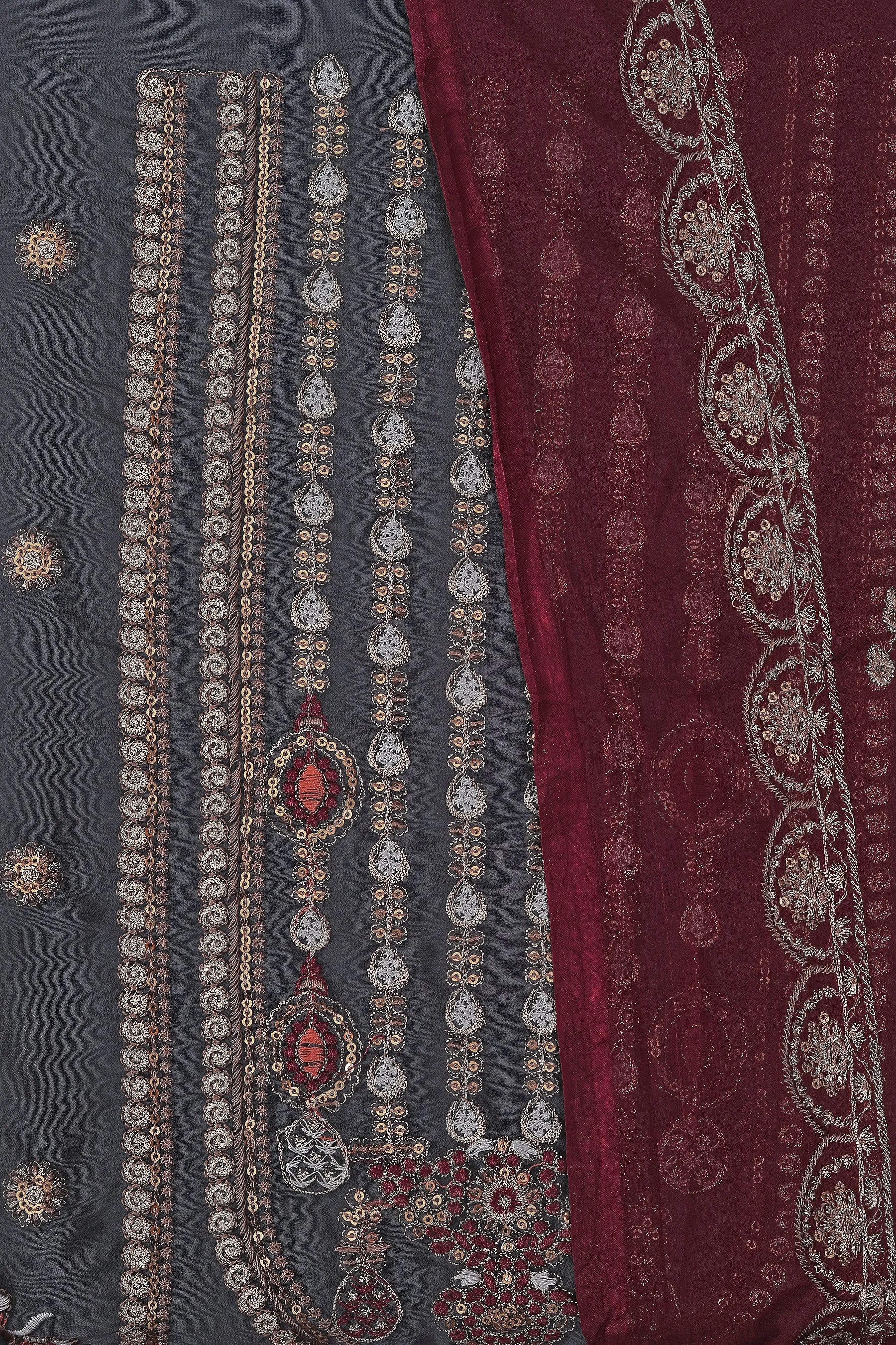 Grey Sequin Embroidered Poly Georgette Dress Material with Dupatta