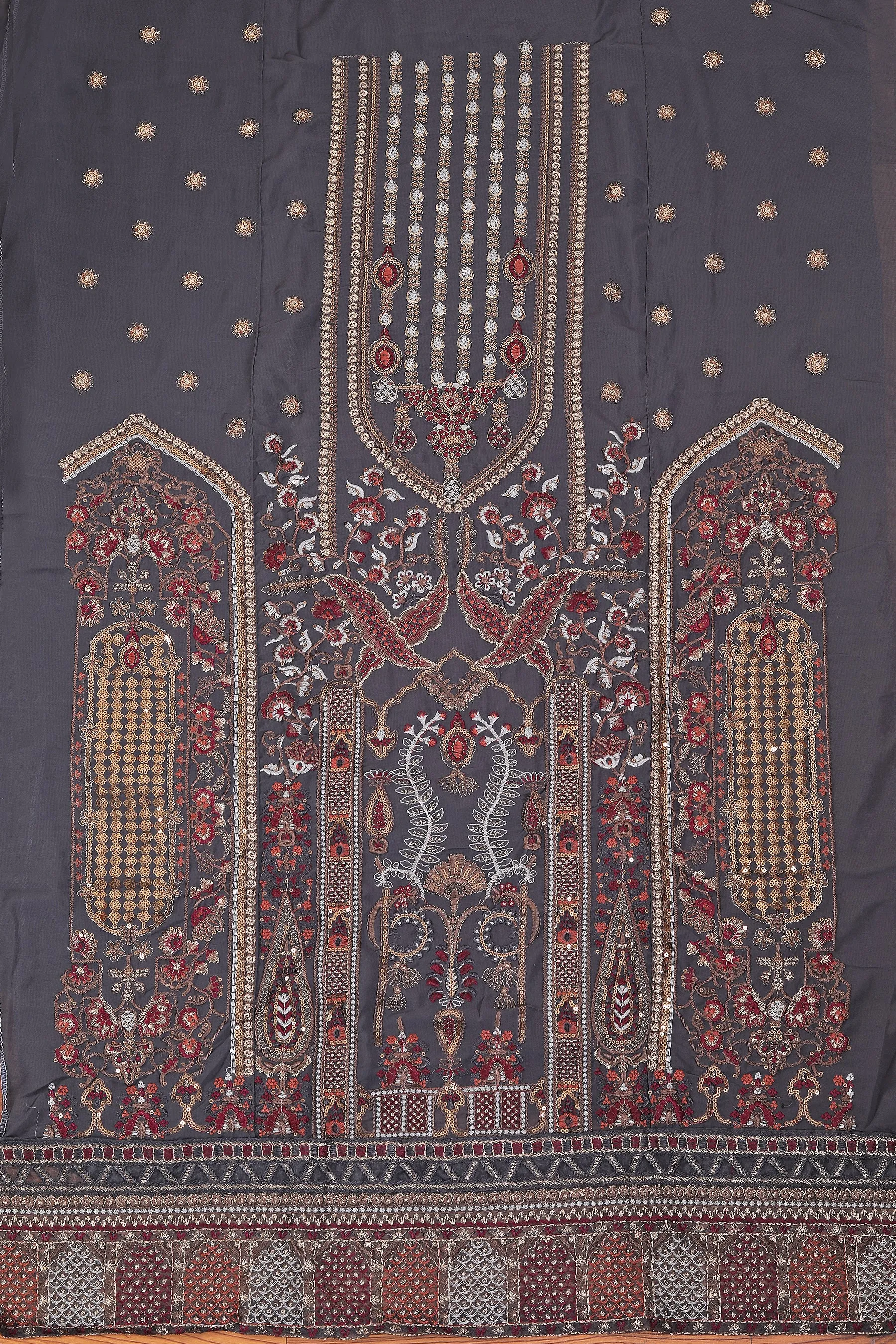 Grey Sequin Embroidered Poly Georgette Dress Material with Dupatta