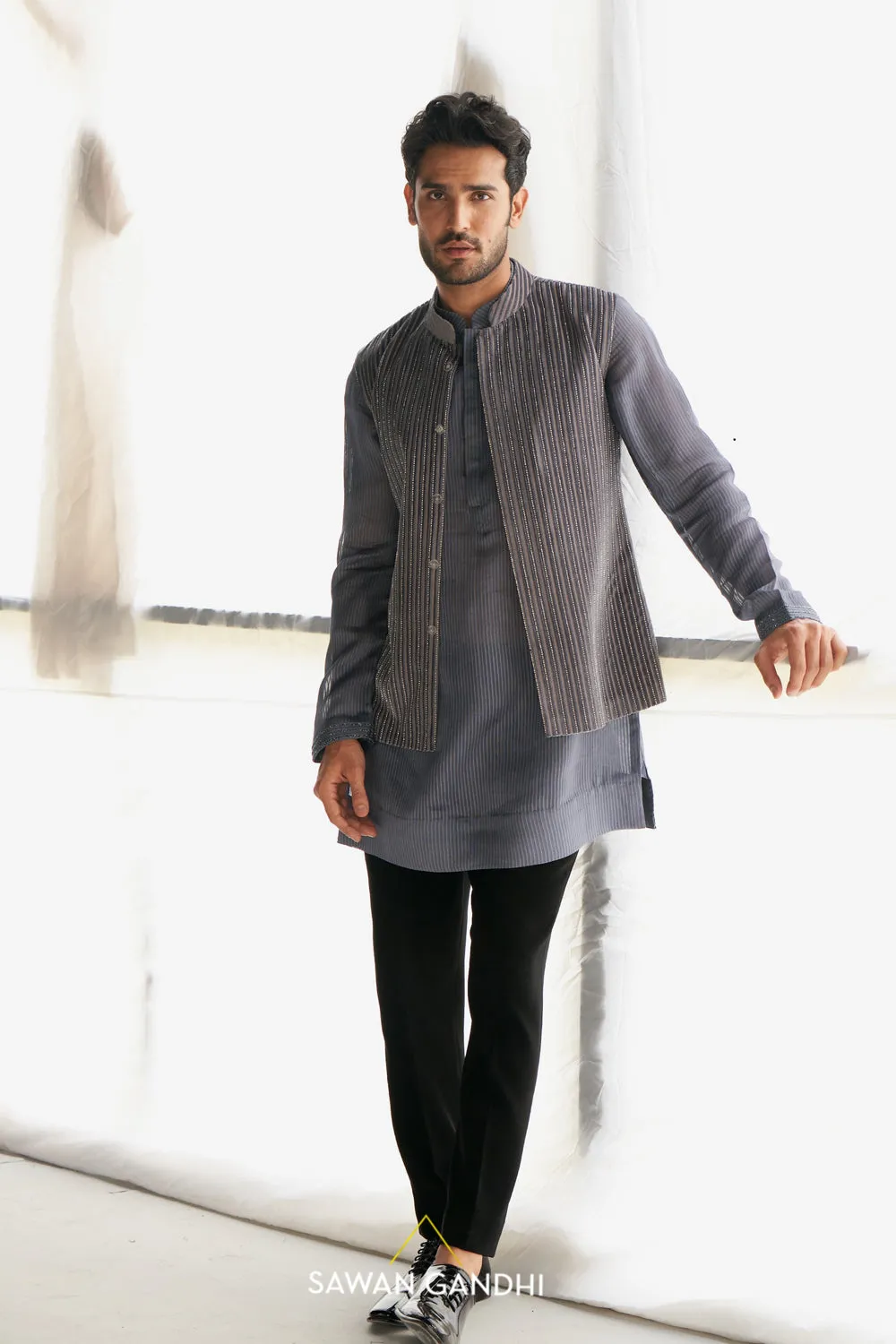 Grey Velvet Cutdana Nehru