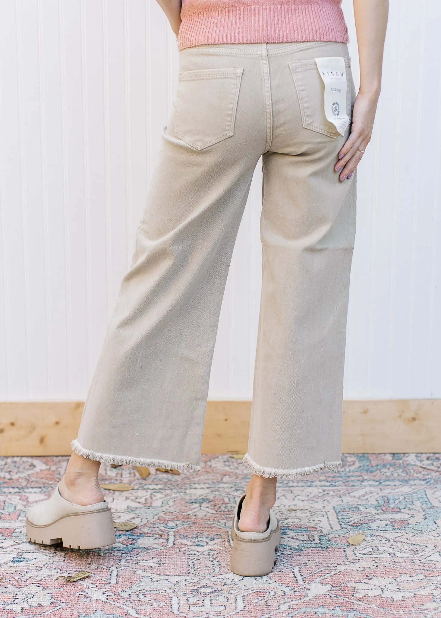 High Rise Wide leg Fray Khaki Jeans