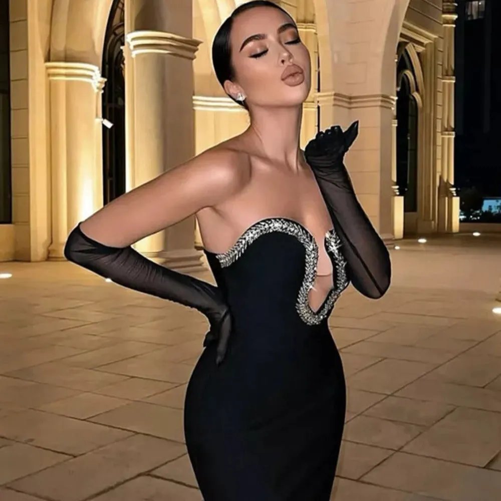 Hot Trade New Sexy Rhinestone V-neck Mesh Tube Top Skinny Sheath Long Dress Banquet Evening Dress