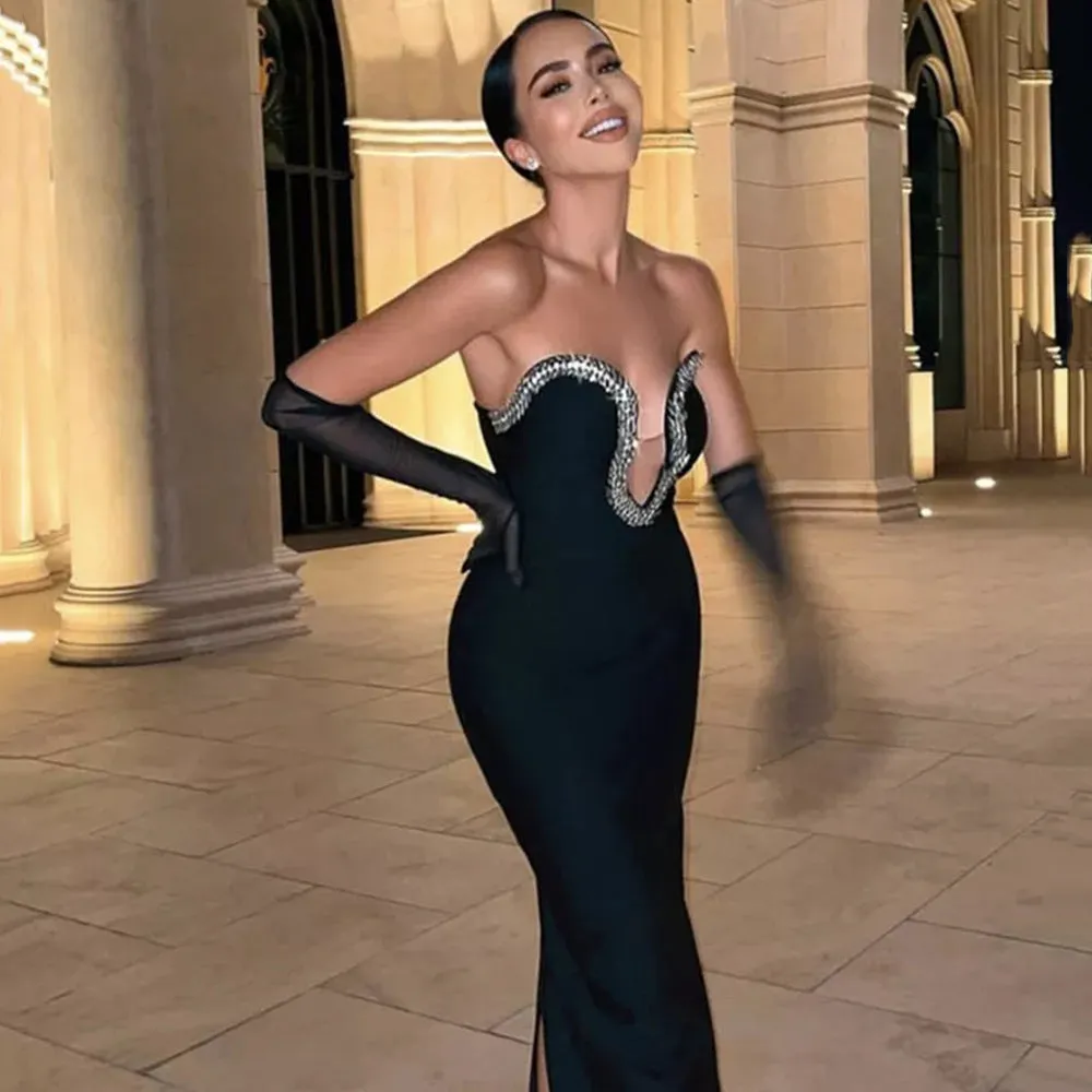 Hot Trade New Sexy Rhinestone V-neck Mesh Tube Top Skinny Sheath Long Dress Banquet Evening Dress