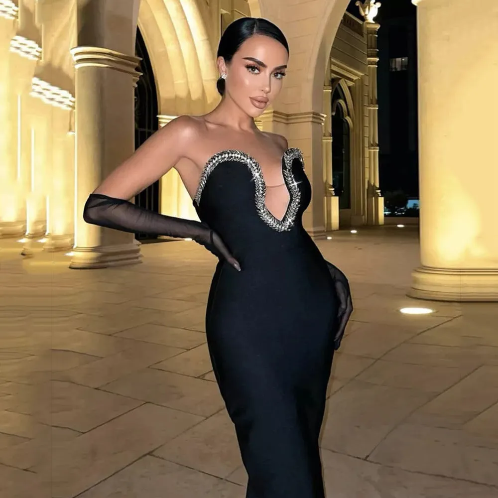 Hot Trade New Sexy Rhinestone V-neck Mesh Tube Top Skinny Sheath Long Dress Banquet Evening Dress