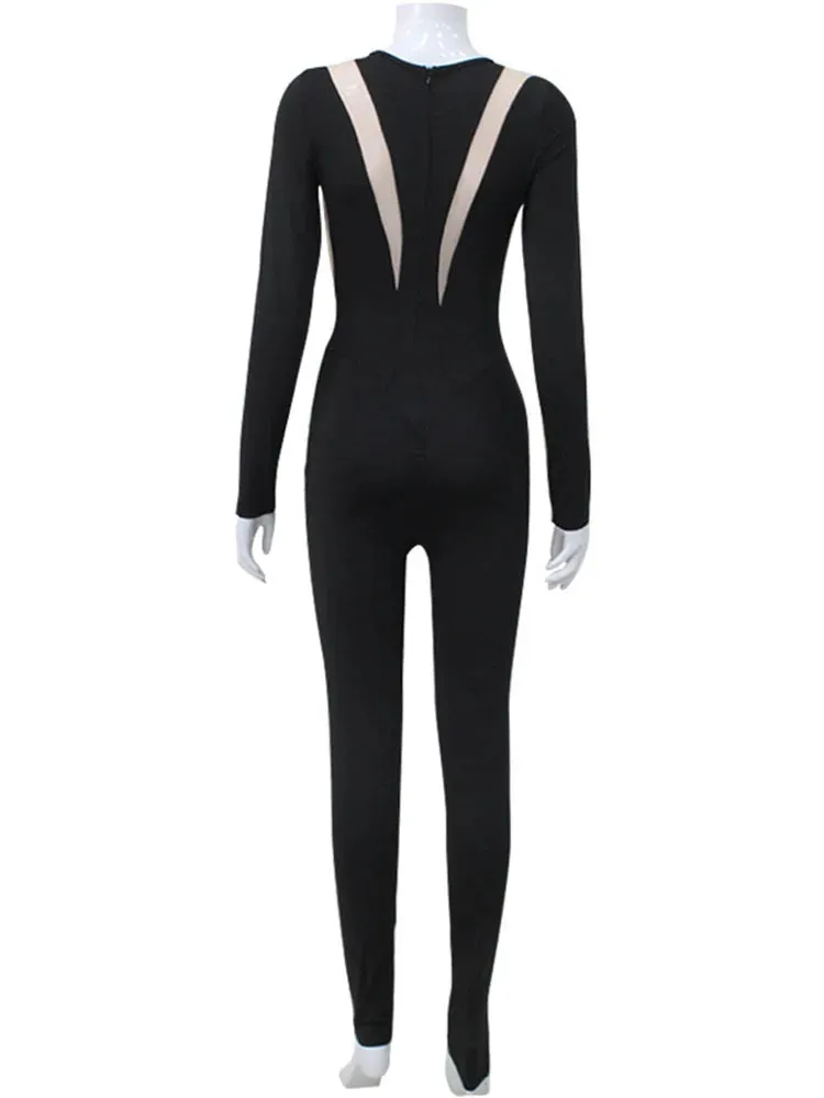 JazzHer Mesh Stitching Jumpsuit Women Long Sleeve Bodycon One Piece See Through Monos Mujer Elegante Club Sexy Women’s Playsuit