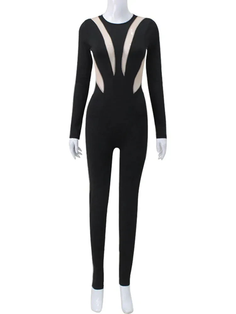 JazzHer Mesh Stitching Jumpsuit Women Long Sleeve Bodycon One Piece See Through Monos Mujer Elegante Club Sexy Women’s Playsuit