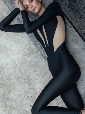 JazzHer Mesh Stitching Jumpsuit Women Long Sleeve Bodycon One Piece See Through Monos Mujer Elegante Club Sexy Women’s Playsuit