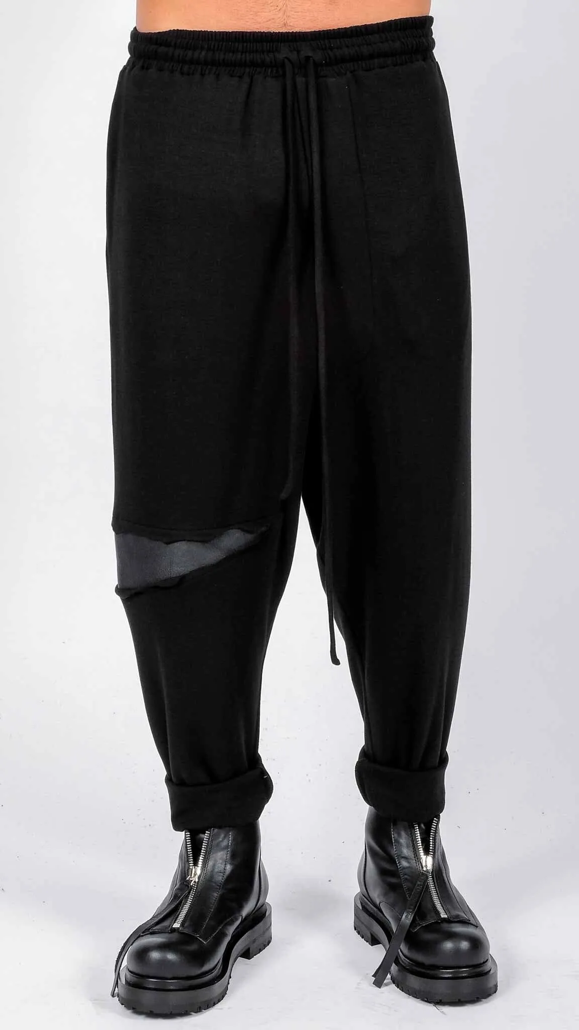 Jersey Drop Crotch Trousers with Leather Detail