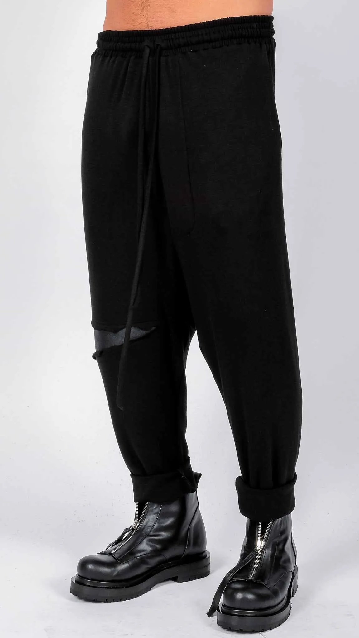 Jersey Drop Crotch Trousers with Leather Detail