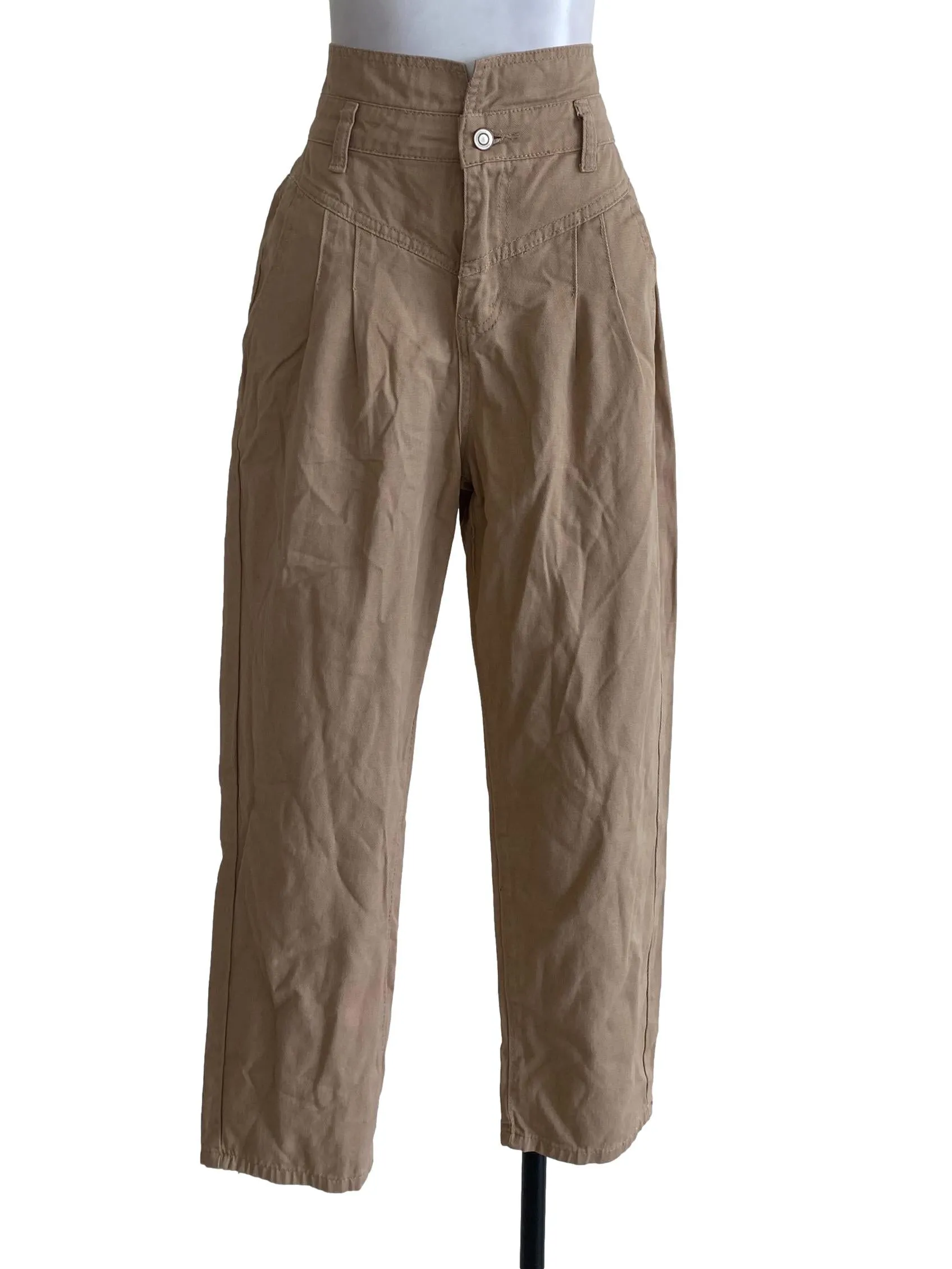 Khaki Beige Notched Waist Jeans