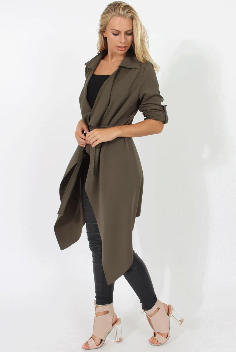 Khaki Belted Waterfall Duster Jacket - Aisla