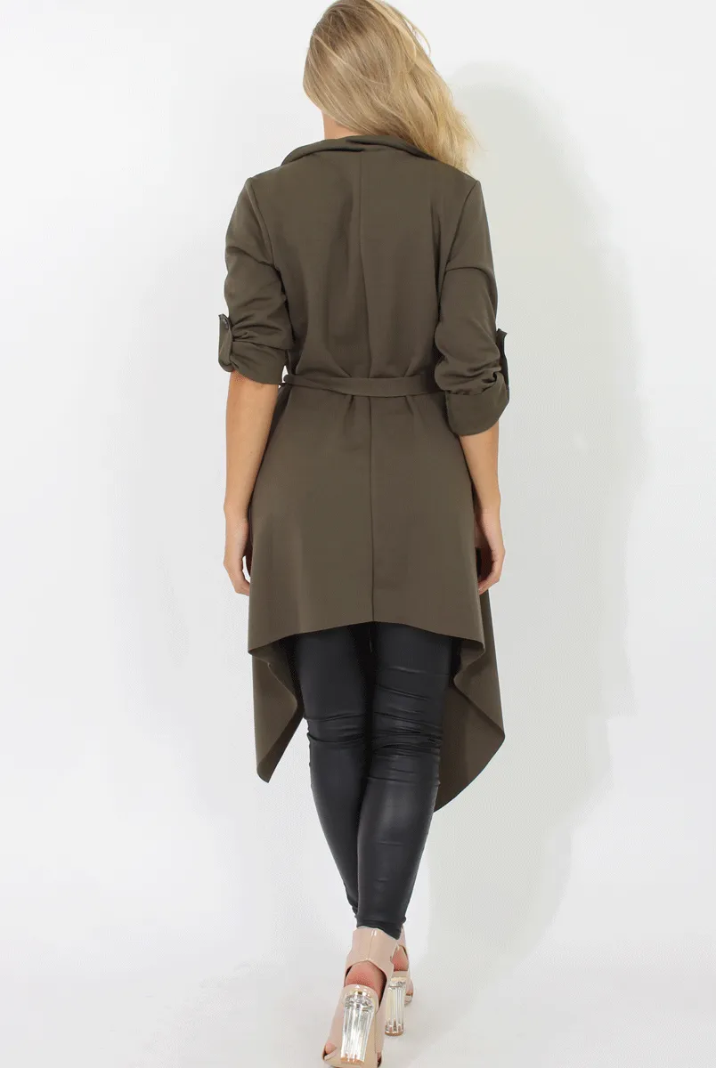 Khaki Belted Waterfall Duster Jacket - Aisla